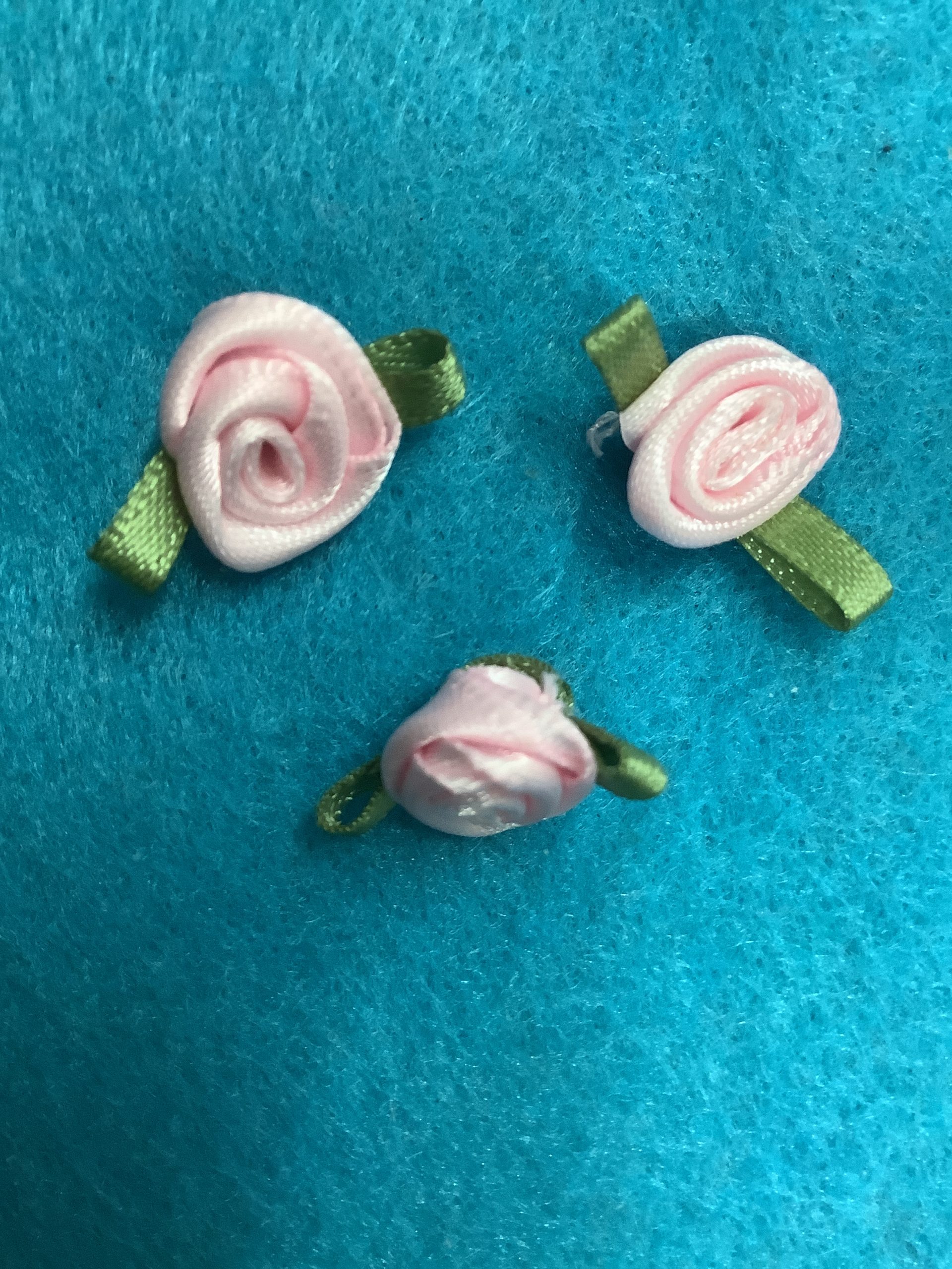 Baby Pink Ribbon Flower with Green Leaves (RF27) The Dropped Stitch