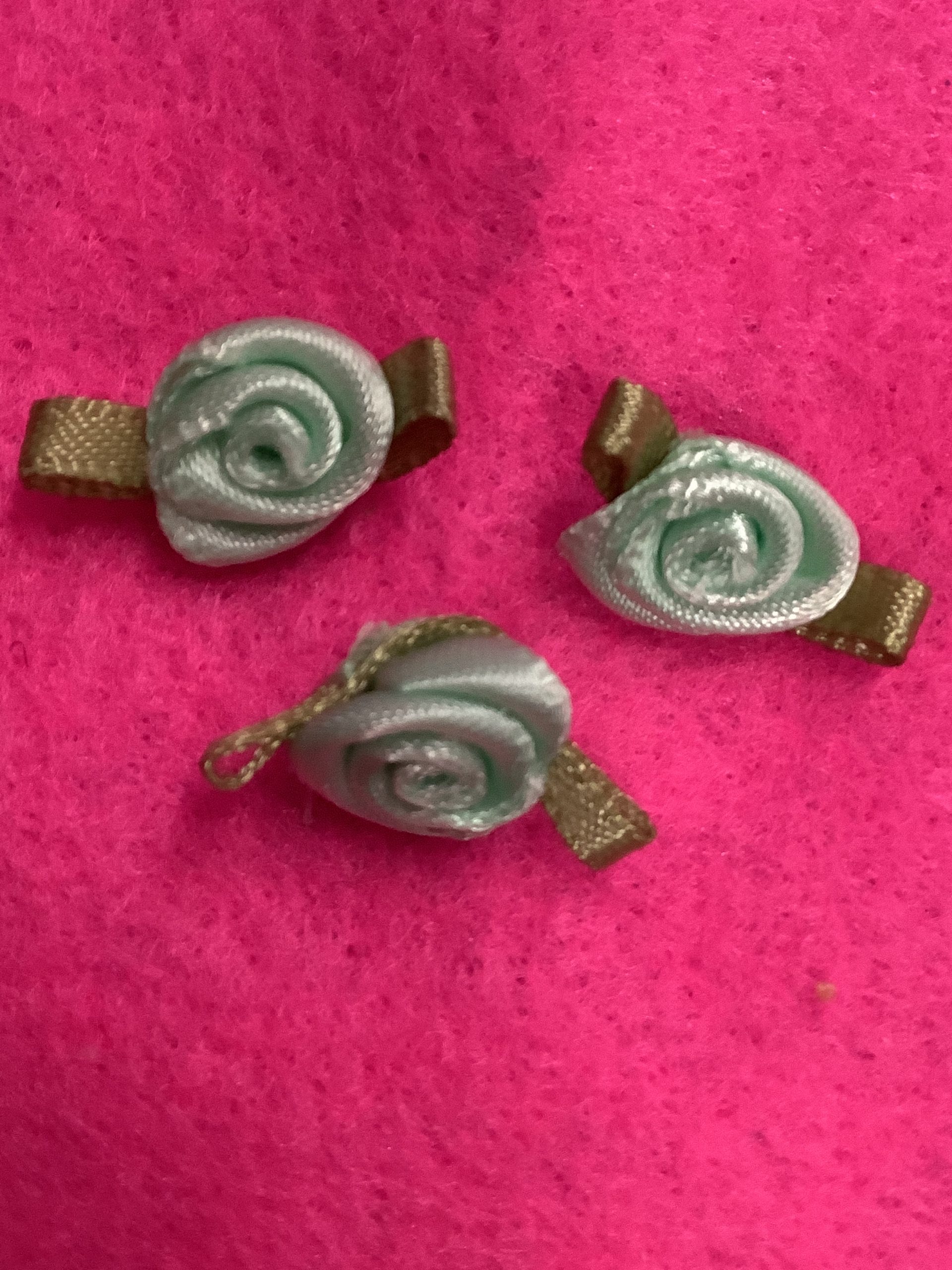 Mint Green Ribbon Flower with Green Leaves (RF31) The Dropped Stitch