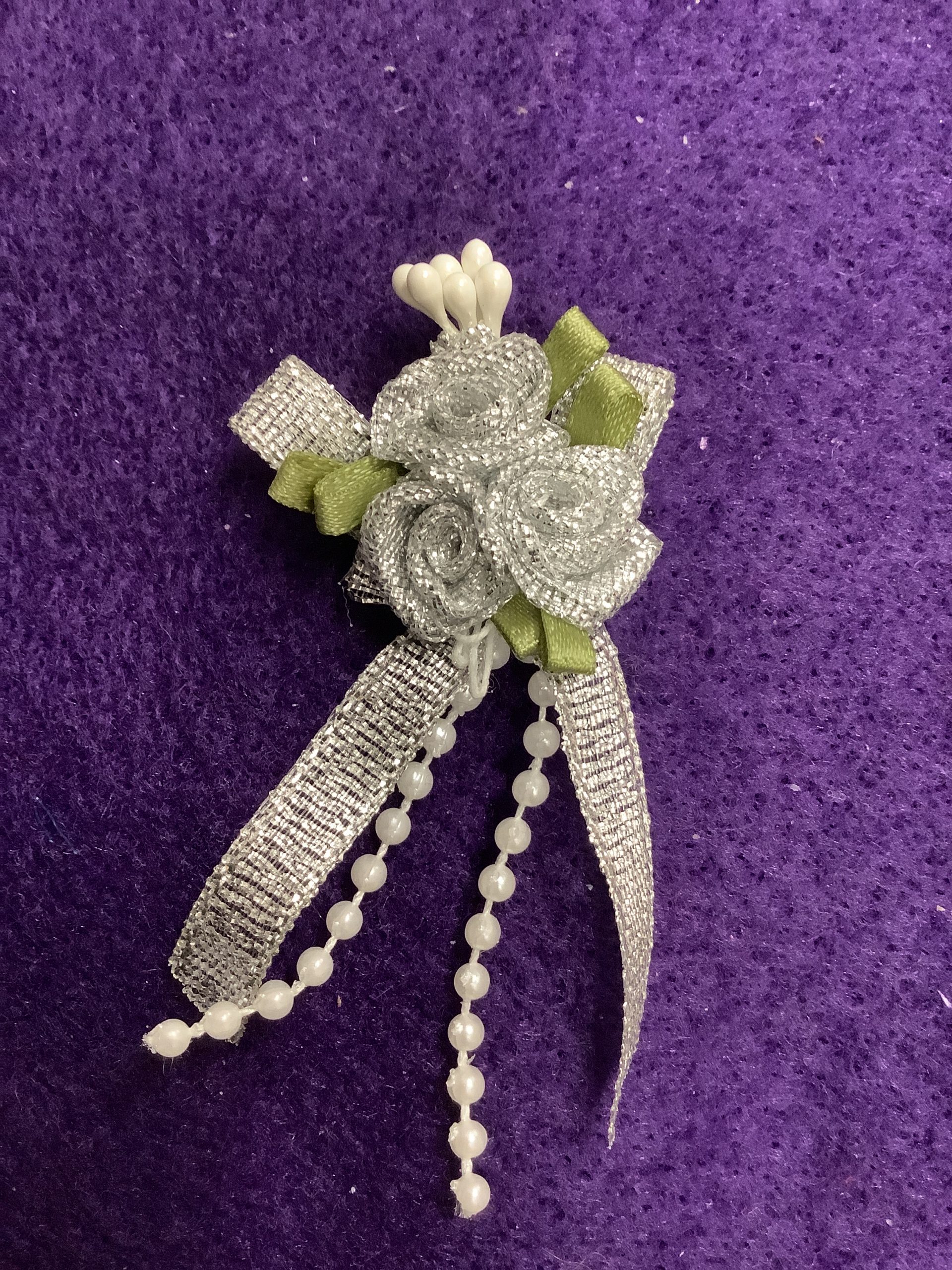 Metallic Silver Ribbon Flowers with Green Leaves , long ribbons and
