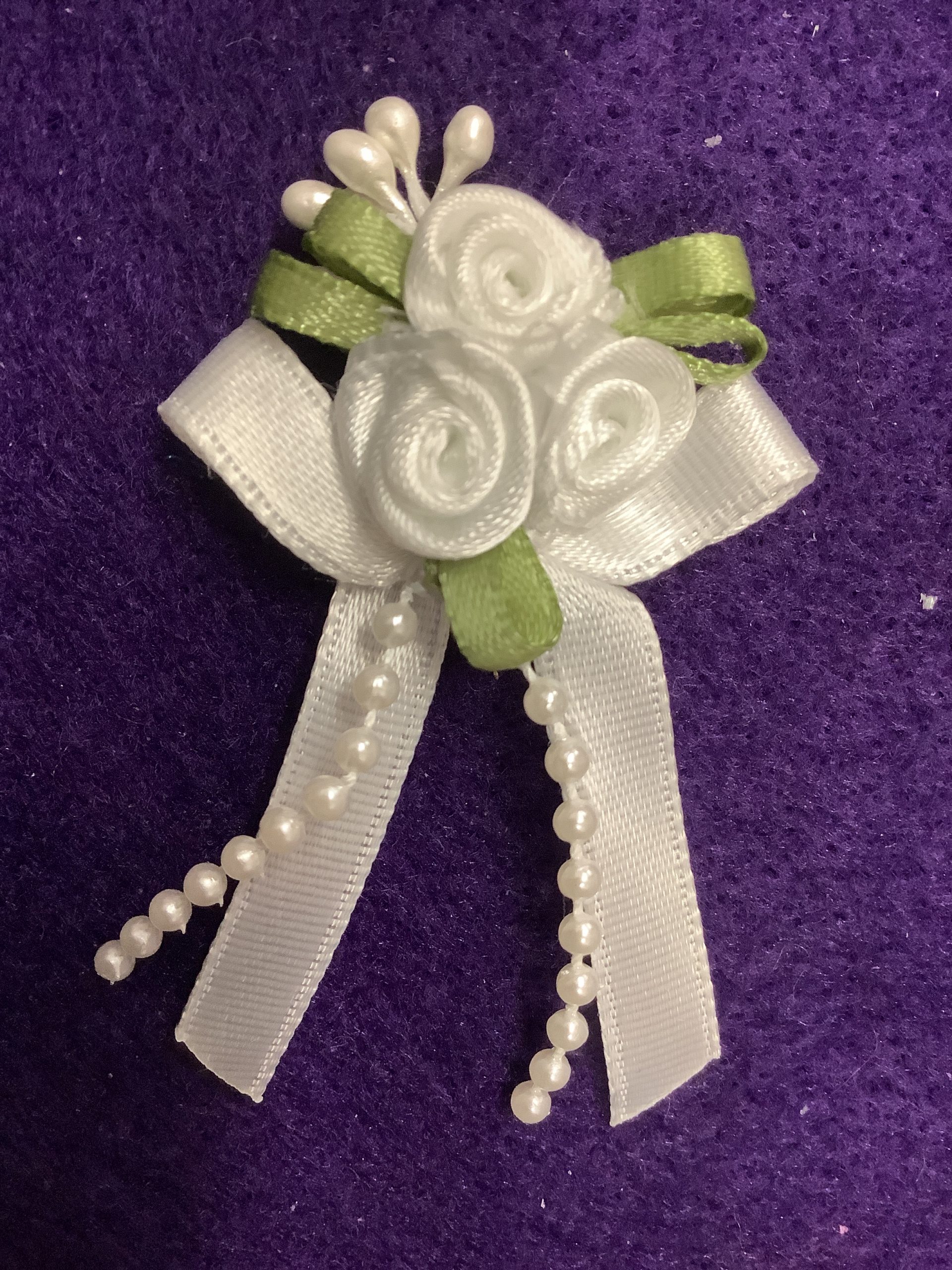 White Ribbon Flowers with Green Leaves , long ribbons and beads (RF54