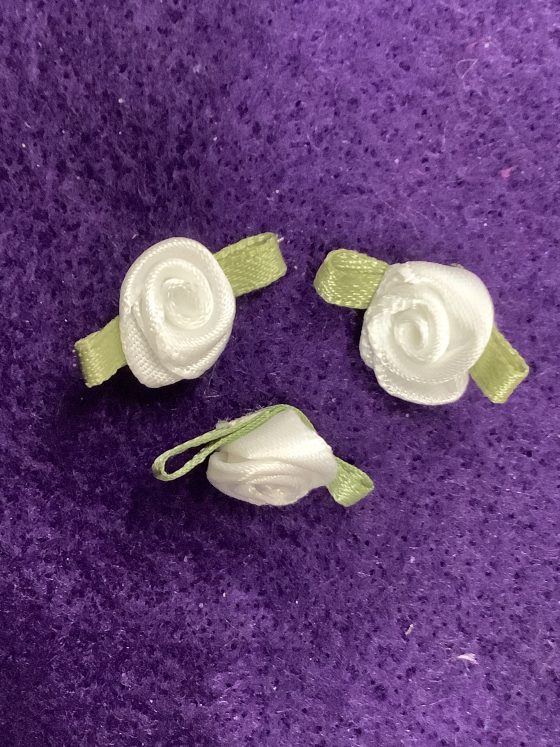 White Ribbon Flower with Green Leaves (RF25) The Dropped Stitch