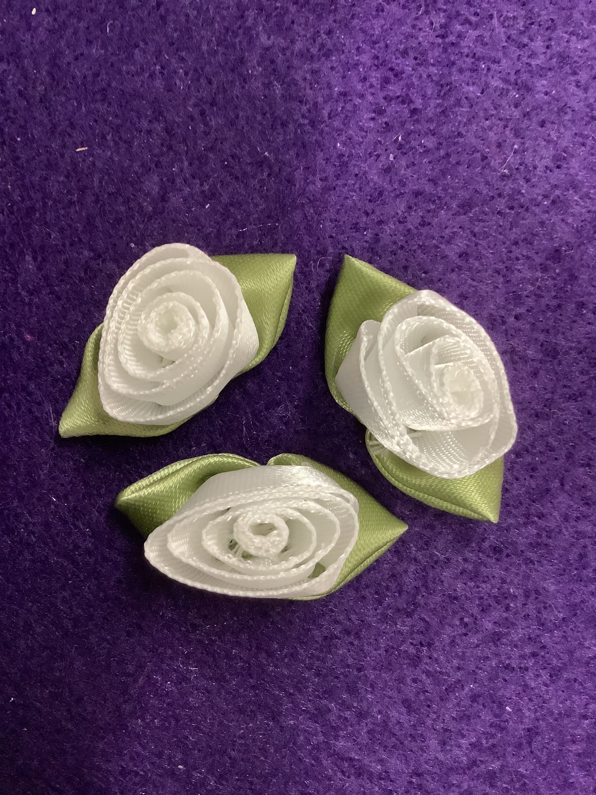 White Ribbon Flower with Green Leaves (RF36) The Dropped Stitch