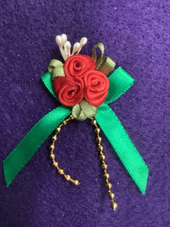 Red Ribbon Flowers with Green Leaves , long Green ribbons and beads